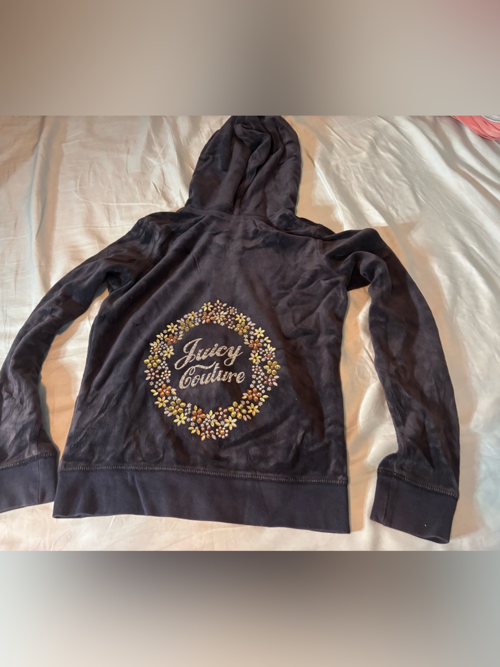 Juicy Couture dark blue velour full-zip hoodie featuring the signature gold "J"